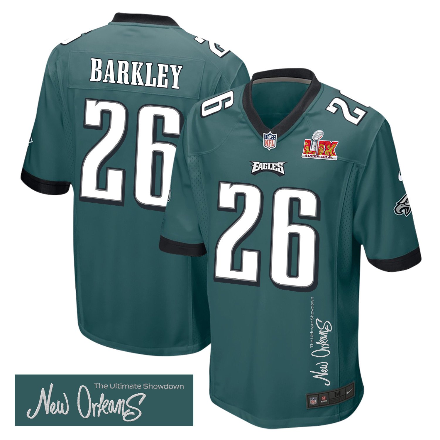Saquon Barkley 26 Philadelphia Eagles Super Bowl LIX 'New Orleans - The Ultimate Showdown' Game Men Jersey - Midnight Green