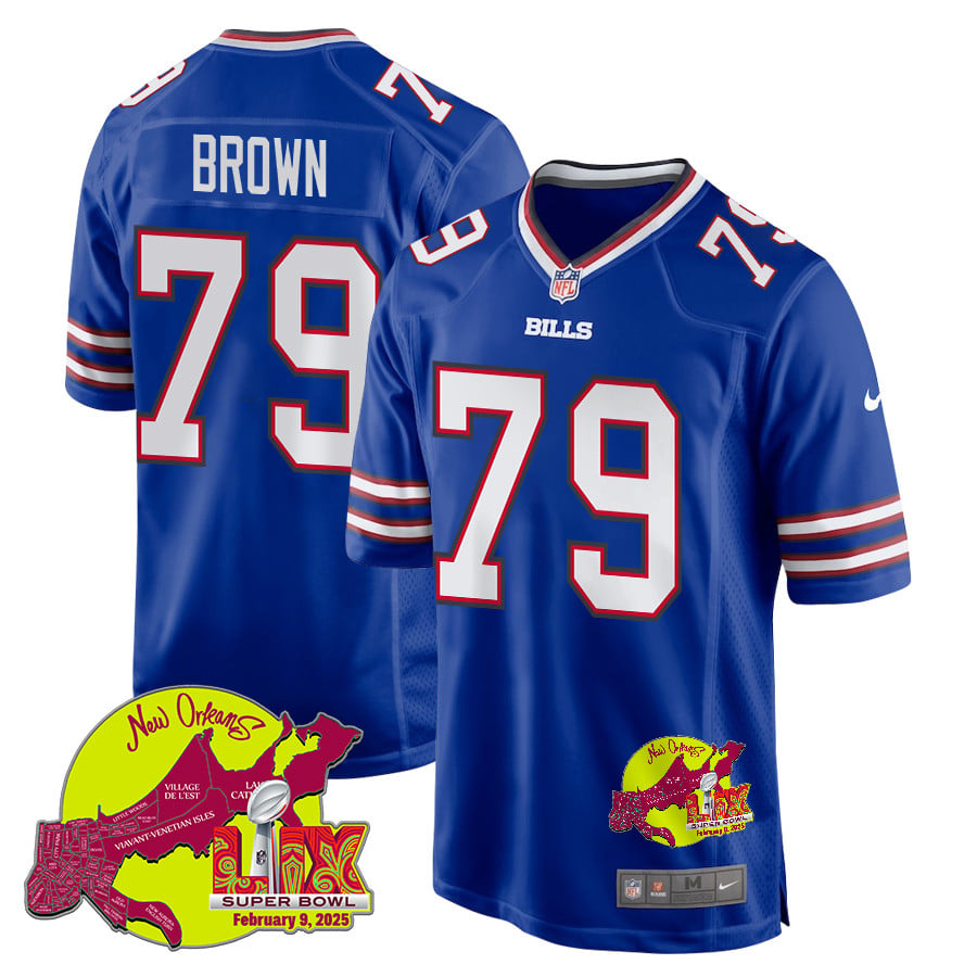 Spencer Brown 79 Buffalo Bills Super Bowl LIX New Orleans Patch Game Men Jersey - Royal