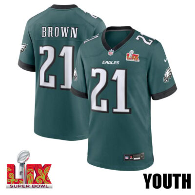Sydney Brown #21 Philadelphia Eagles Super Bowl LIX Youth Jersey - Midnight Green