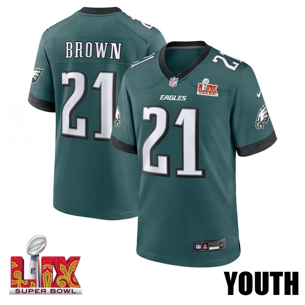 Sydney Brown #21 Philadelphia Eagles Super Bowl LIX Youth Jersey - Midnight Green