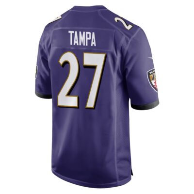 Alternative view of T.J. Tampa 27 Baltimore Ravens Super Bowl LIX New Orleans Patch Game Men Jersey - Purple
