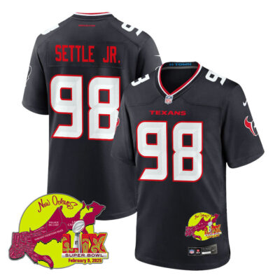 Tim Settle Jr. 98 Houston Texans Super Bowl LIX New Orleans Patch Game Men Jersey - Navy