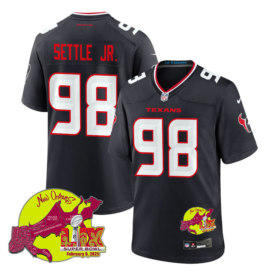 Tim Settle Jr. 98 Houston Texans Super Bowl LIX New Orleans Patch Game Men Jersey - Navy