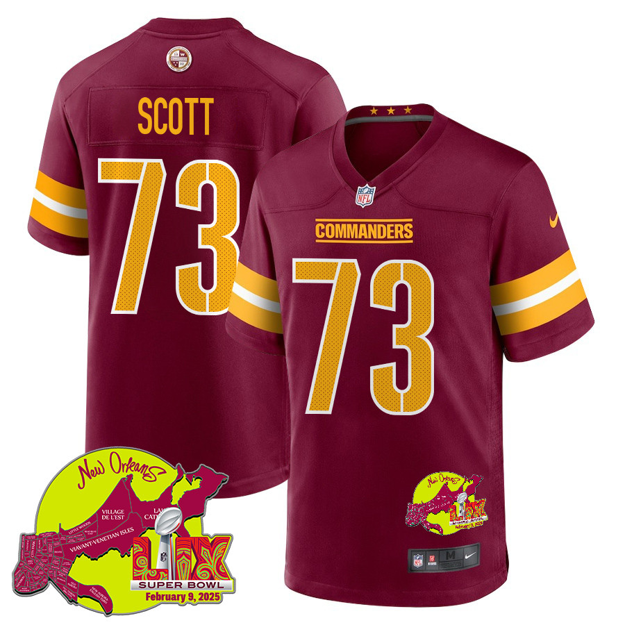 Trent Scott 73 Washington Commanders Super Bowl LIX New Orleans Patch Game Men Jersey - Burgundy