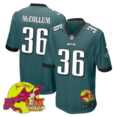 Tristin McCollum 36 Philadelphia Eagles Super Bowl LIX New Orleans Patch Game Men Jersey - Midnight Green