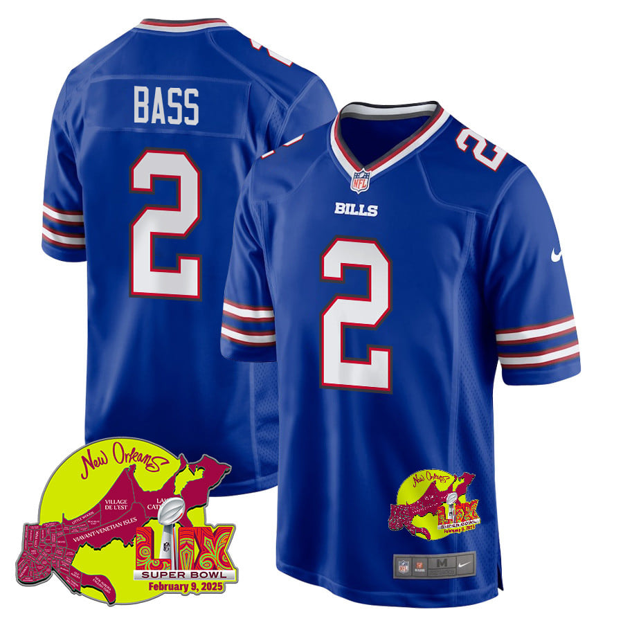 Tyler Bass 2 Buffalo Bills Super Bowl LIX New Orleans Patch Game Men Jersey - Royal