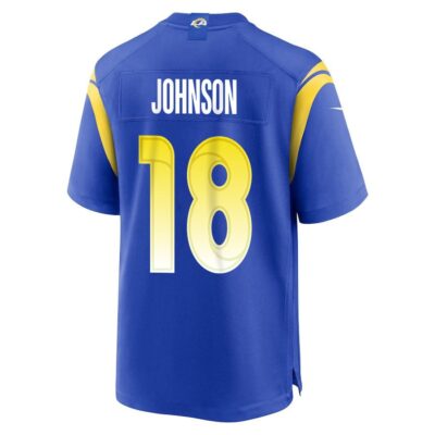 Alternative view of Tyler Johnson 18 Los Angeles Rams Super Bowl LIX New Orleans Patch Game Men Jersey - Royal