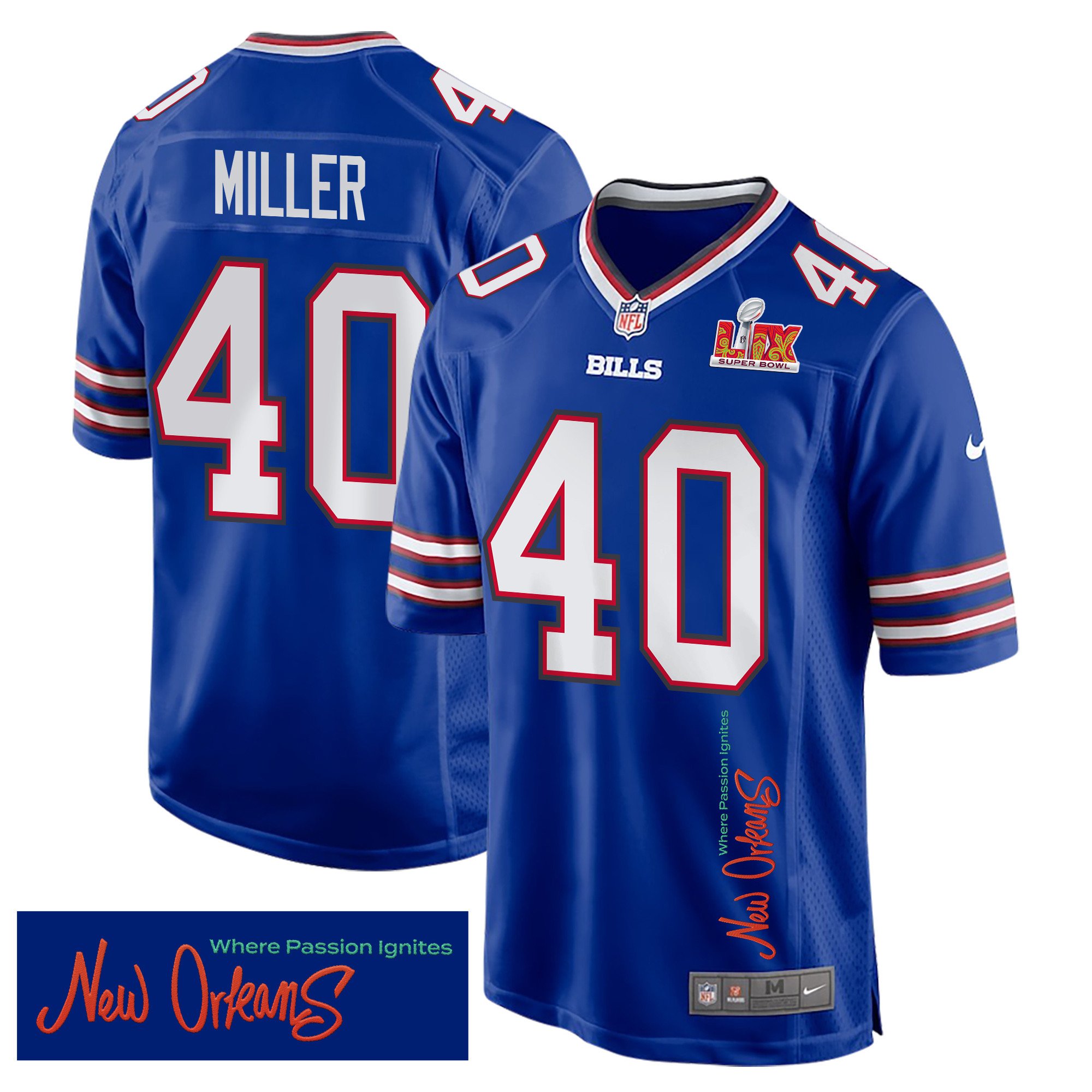 Von Miller 40 Buffalo Bills Super Bowl LIX 'New Orleans - Where Passion Ignites' Game Men Jersey - Royal