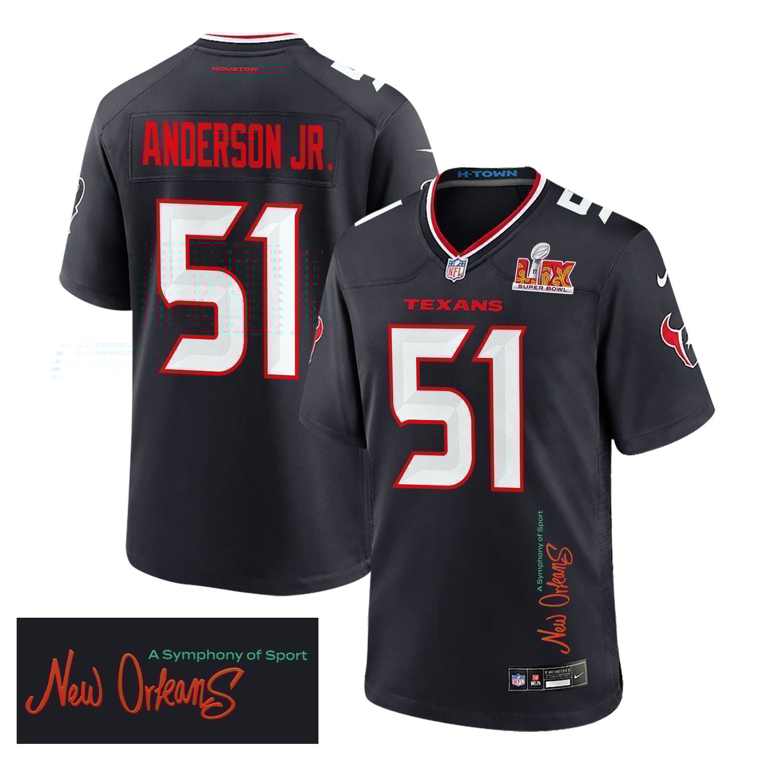 Will Anderson Jr. 51 Houston Texans Super Bowl LIX 'New Orleans - A Symphony of Sport' Game Men Jersey - Navy