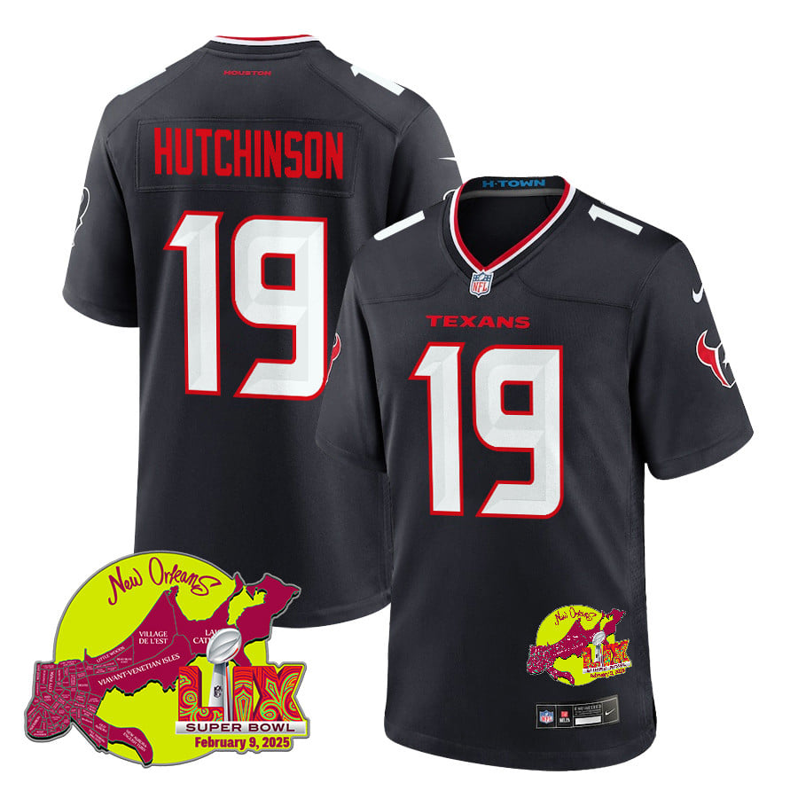 Xavier Hutchinson 19 Houston Texans Super Bowl LIX New Orleans Patch Game Men Jersey - Navy