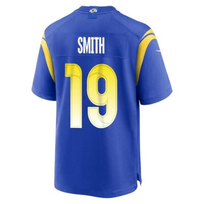 Alternative view of Xavier Smith 19 Los Angeles Rams Super Bowl LIX New Orleans Patch Game Men Jersey - Royal