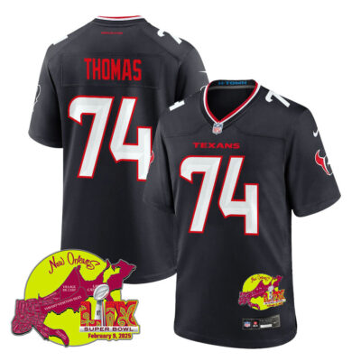 Zach Thomas 74 Houston Texans Super Bowl LIX New Orleans Patch Game Men Jersey - Navy