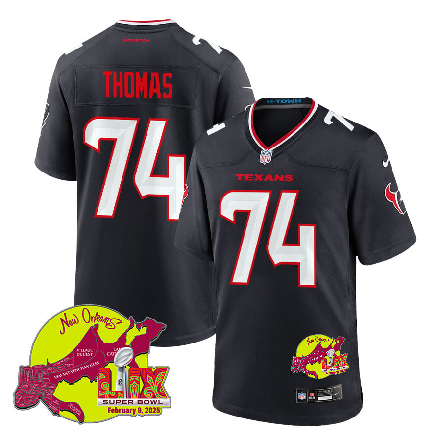 Zach Thomas 74 Houston Texans Super Bowl LIX New Orleans Patch Game Men Jersey - Navy