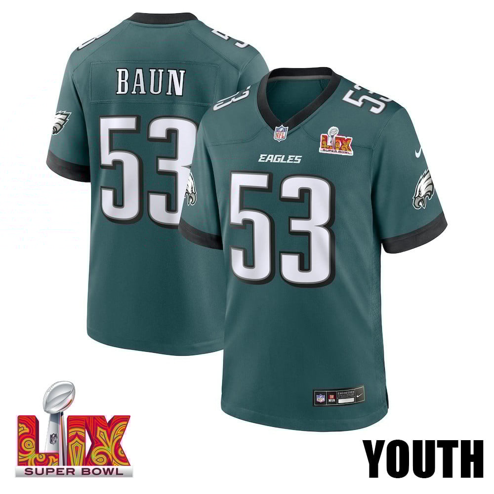 Zack Baun #53 Philadelphia Eagles Super Bowl LIX Youth Jersey - Midnight Green