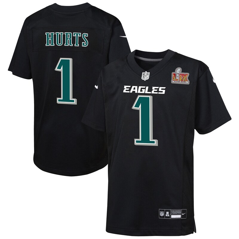 Jalen Hurts Philadelphia Eagles Youth Super Bowl LIX Patch Fashion Game Player Jersey - Carbon Black