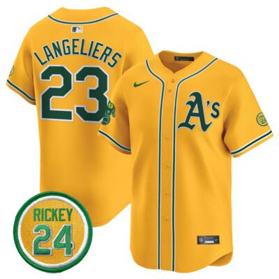 Oakland Athletics #23 Shea Langeliers Yellow 2024 Limited With Rickey Henderson Patch Stitched Jersey