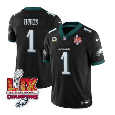 Philadelphia Eagles #1 Jalen Hurts Black 2025 Eagles Logo Super Bowl LIX Patch F.U.S.E. Vapor Untouchable Limited Football Stitched Jersey