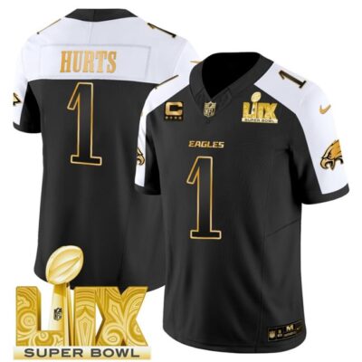 Philadelphia Eagles #1 Jalen Hurts Black Gold 2025 Super Bowl LIX With 4-Star C Patch New F.U.S.E. Vapor Untouchable Limited Football Stitched Jersey