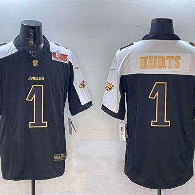 Philadelphia Eagles #1 Jalen Hurts Black/Gold 2025 Super Bowl LIX Patch F.U.S.E. Vapor Untouchable Limited Football Stitched Jersey