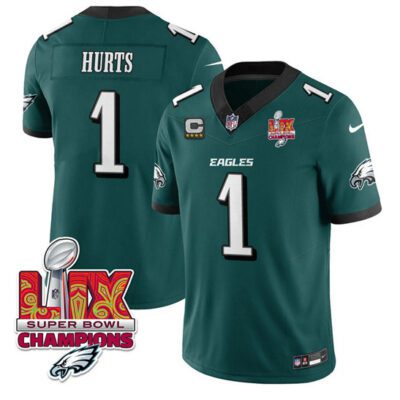 Philadelphia Eagles #1 Jalen Hurts Green 2025 Eagles Logo Super Bowl LIX Patch With 4-Star C Patch F.U.S.E. Vapor Untouchable Limited Football Stitched Jersey