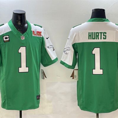 Philadelphia Eagles #1 Jalen Hurts Green/White 2025 Super Bowl LIX Patch And 4-Star C Patch F.U.S.E. Vapor Untouchable Limited Football Stitched Jersey