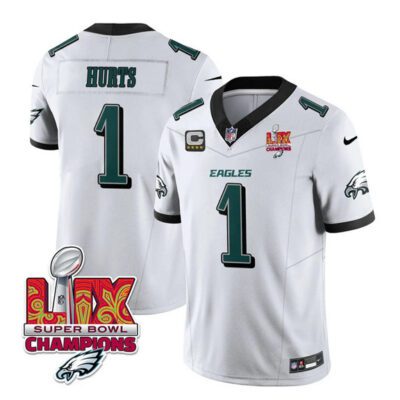 Philadelphia Eagles #1 Jalen Hurts White 2025 Eagles Logo Super Bowl LIX Patch F.U.S.E. Vapor Untouchable Limited Football Stitched Jersey
