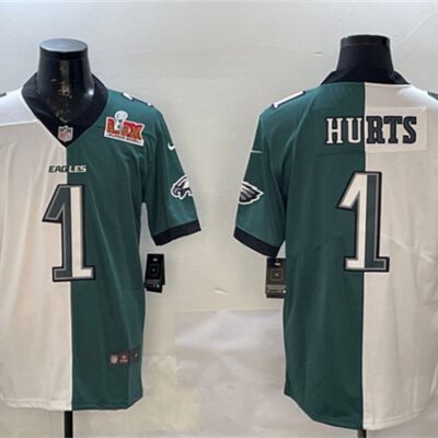 Philadelphia Eagles #1 Jalen Hurts White & Green Split 2025 Super Bowl LIX Patch Vapor Untouchable Limited Football Stitched Jersey