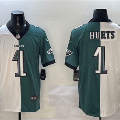 Philadelphia Eagles #1 Jalen Hurts White & Green Split Vapor Untouchable Limited Football Stitched Jersey
