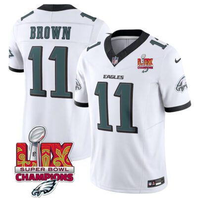 Philadelphia Eagles #11 A.J. Brown White 2025 Eagles Logo Super Bowl LIX Patch F.U.S.E. Vapor Untouchable Limited Football Stitched Jersey