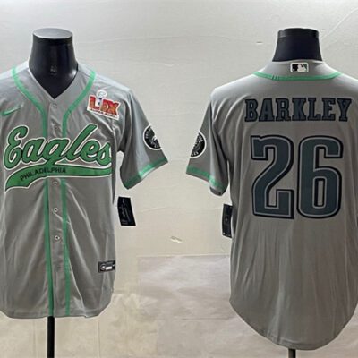 Philadelphia Eagles #26 Saquon Barkley Gray 2025 Super Bowl LIX Patch Cool Base Stitched Baseball Jersey