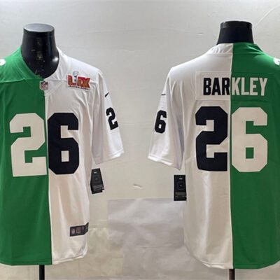 Philadelphia Eagles #26 Saquon Barkley Green/White Split 2025 Super Bowl LIX Patch Vapor Untouchable Limited Football Stitched Jersey