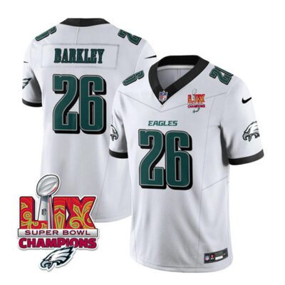Philadelphia Eagles #26 Saquon Barkley White 2025 Eagles Logo Super Bowl LIX Patch F.U.S.E. Vapor Untouchable Limited Football Stitched Jersey