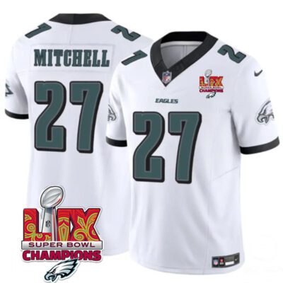 Philadelphia Eagles #27 Quinyon Mitchell White 2025 Eagles Logo Super Bowl LIX Patch F.U.S.E. Vapor Limited Football Stitched Jersey