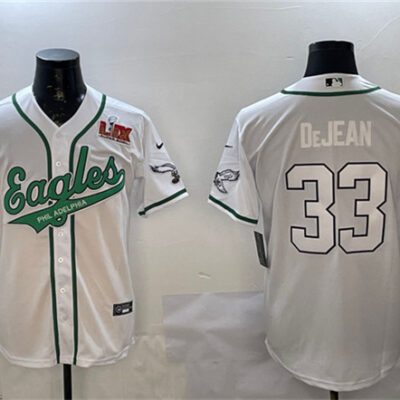 Philadelphia Eagles #33 Cooper DeJean White 2025 Super Bowl LIX Patch Cool Base Stitched Baseball Jersey