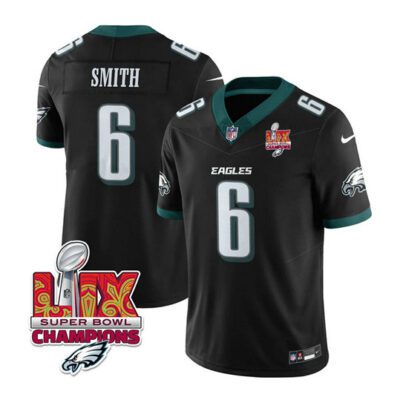 Philadelphia Eagles #6 DeVonta Smith Black 2025 Eagles Logo Super Bowl LIX Patch F.U.S.E. Vapor Limited Football Stitched Jersey