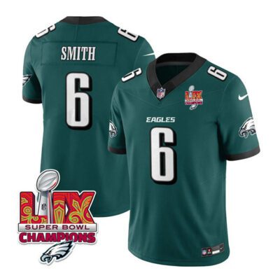 Philadelphia Eagles #6 DeVonta Smith Green 2025 Eagles Logo Super Bowl LIX Patch F.U.S.E. Vapor Limited Football Stitched Jersey