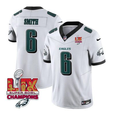 Philadelphia Eagles #6 DeVonta Smith White 2025 Eagles Logo Super Bowl LIX Patch F.U.S.E. Vapor Untouchable Limited Football Stitched Jersey