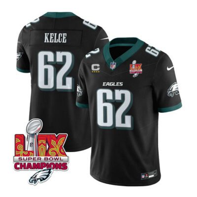 Philadelphia Eagles #62 Jason Kelce Black 2025 Eagles Logo Super Bowl LIX Patch And 4-Star C Patch F.U.S.E. Vapor Limited Football Stitched Jersey