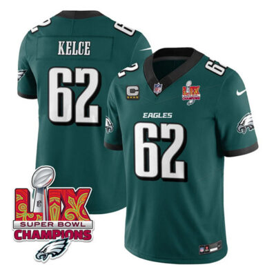 Philadelphia Eagles #62 Jason Kelce Green 2025 Eagles Logo Super Bowl LIX Patch And 4-Star C Patch F.U.S.E. Vapor Limited Football Stitched Jersey