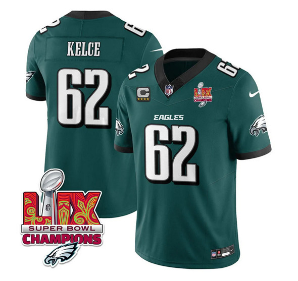 Philadelphia Eagles #62 Jason Kelce Green 2025 Eagles Logo Super Bowl LIX Patch And 4-Star C Patch F.U.S.E. Vapor Limited Football Stitched Jersey