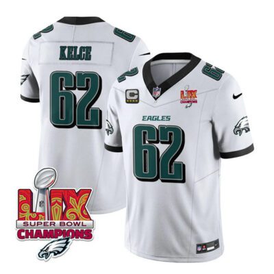Philadelphia Eagles #62 Jason Kelce White 2025 Eagles Logo Super Bowl LIX Patch And 4-Star C Patch F.U.S.E. Vapor Limited Football Stitched Jersey