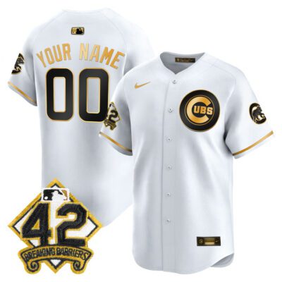 Chicago Cubs 2025 Jackie Robinson Patch Vapor Premier Limited Custom Jersey - White Gold