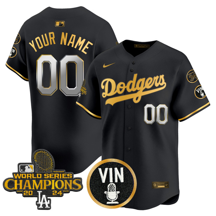 LA Dodgers 2025 Vin Scully & #34 Fernando Patch Gold Vapor Premier Limited Custom Jersey - Black Gold