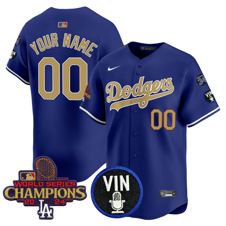 LA Dodgers 2025 Vin Scully & #34 Fernando Patch Gold Vapor Premier Limited Custom Jersey - Royal