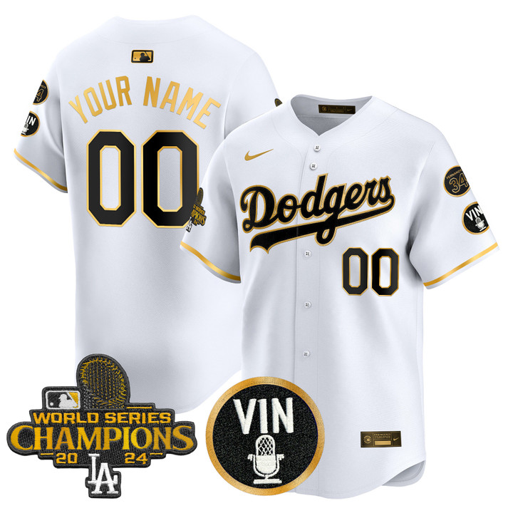 LA Dodgers 2025 Vin Scully & #34 Fernando Patch Gold Vapor Premier Limited Custom Jersey - White Gold