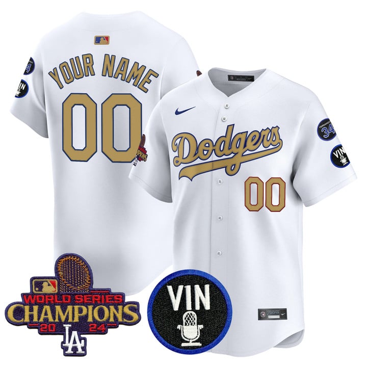 LA Dodgers 2025 Vin Scully & #34 Fernando Patch Gold Vapor Premier Limited Custom Jersey - White