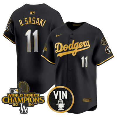 LA Dodgers 2025 Vin Scully & #34 Fernando Patch Gold Vapor Premier Limited Jersey - Black Gold Roki Sasaki