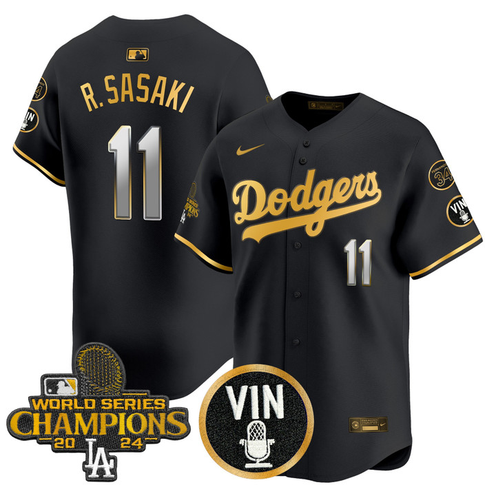 LA Dodgers 2025 Vin Scully & #34 Fernando Patch Gold Vapor Premier Limited Jersey - Black Gold Roki Sasaki
