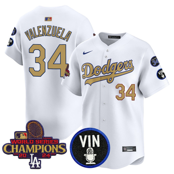LA Dodgers 2025 Vin Scully & #34 Fernando Patch Gold Vapor Premier Limited Jersey - White Fernando Valenzuela