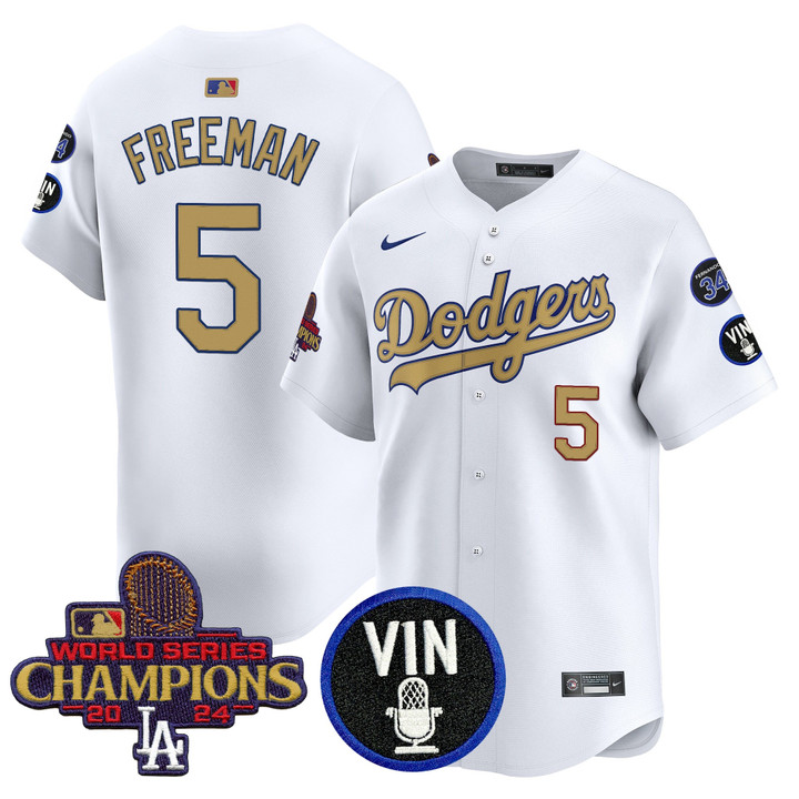 LA Dodgers 2025 Vin Scully & #34 Fernando Patch Gold Vapor Premier Limited Jersey - White Freddie Freeman